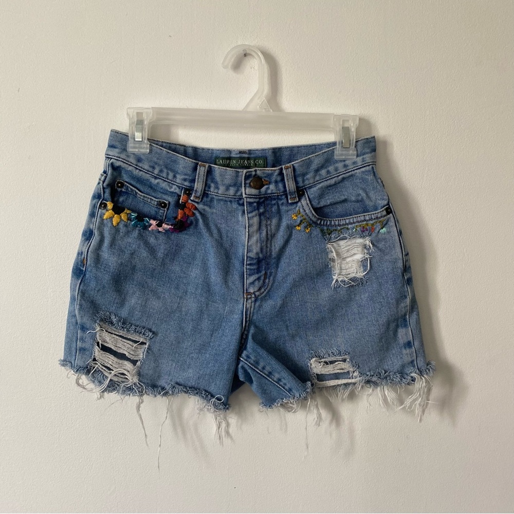 Lauren Ralph Lauren Distressed Light Blue Denim Jean Shorts with Embroidery